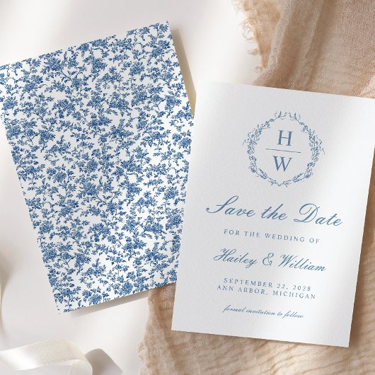 Victoriaanse bloemens toile blauwe huwelijksaankon save the date