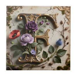Victoriaanse bloemrijke patina letter F monogram Tegeltje