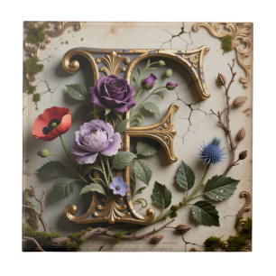 Victoriaanse bloemrijke patina letter F monogram Tegeltje