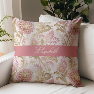 Victoriaanse bloemrijke script monogram naam roze  kussen