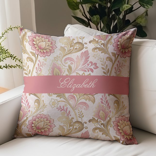Victoriaanse bloemrijke script monogram naam roze  kussen (Creator heeft geüpload)