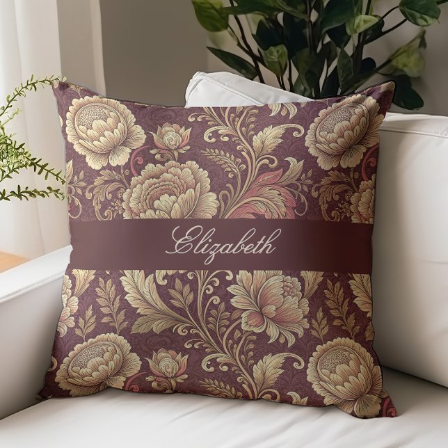 Victoriaanse bloemrijke script monogramnaam bordea kussen (Creator heeft geüpload)