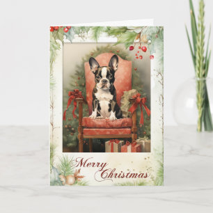 Victoriaanse Boston Terrier Puppy Kerstmis Feestdagen Kaart