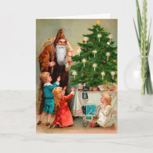 Victoriaanse Boze Kerstman Rond de Boom Feestdagen Kaart