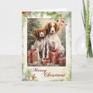 Victoriaanse Brittany Spaniel Puppy Kerstmis Feestdagen Kaart