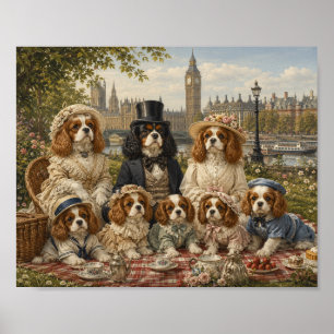 Victoriaanse Cavalier King Charles Familie Picknic Poster