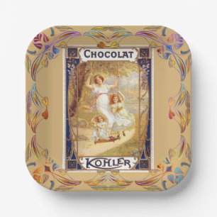 Victoriaanse chocoladereclame goud blauw papieren bordje