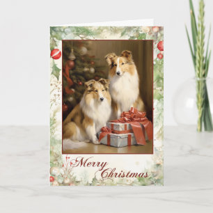 Victoriaanse Collie Puppy Kerstmis Feestdagen Kaart