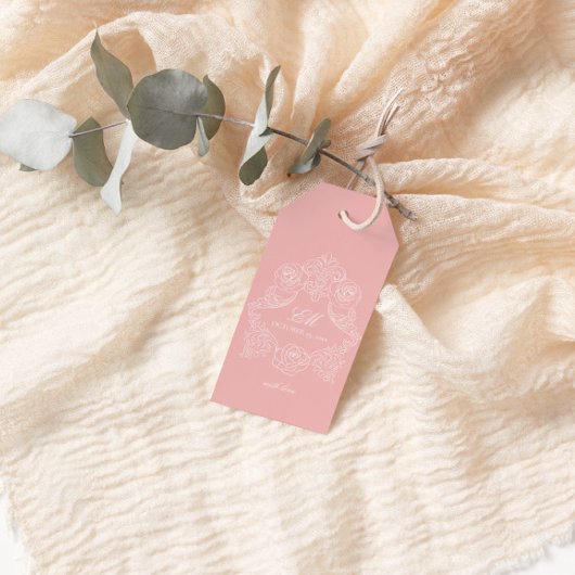 Victoriaanse Crest Monogram Blush Roze Bruiloft Cadeaulabel