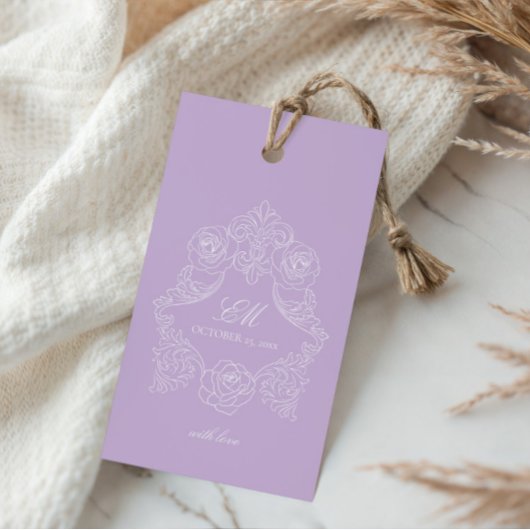 Victoriaanse Crest Monogram Paarse Huwelijk Cadeaulabel