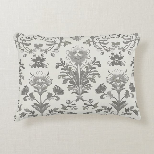 Victoriaanse Damast Bloem Wit Vintage Accent Kussen (Voorkant)