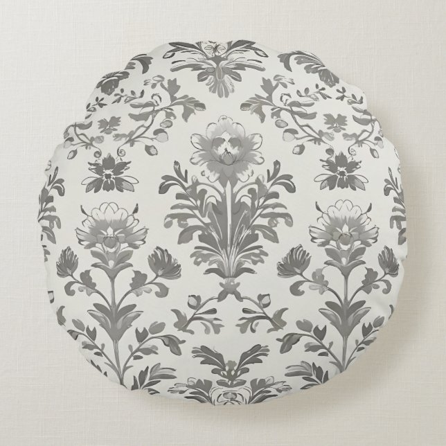 Victoriaanse Damast Bloem Wit Vintage Rond Kussen (Voorkant)