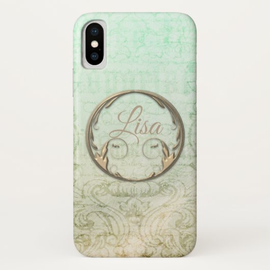 Victoriaanse damast script gold groen elegant Case-Mate iPhone case (Achterkant)