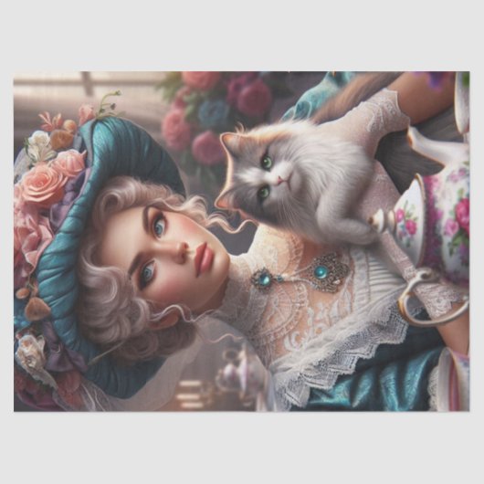 Victoriaanse dame met blauwe hoed en kat Vloeipapi Tissuepapier (Voorkant)