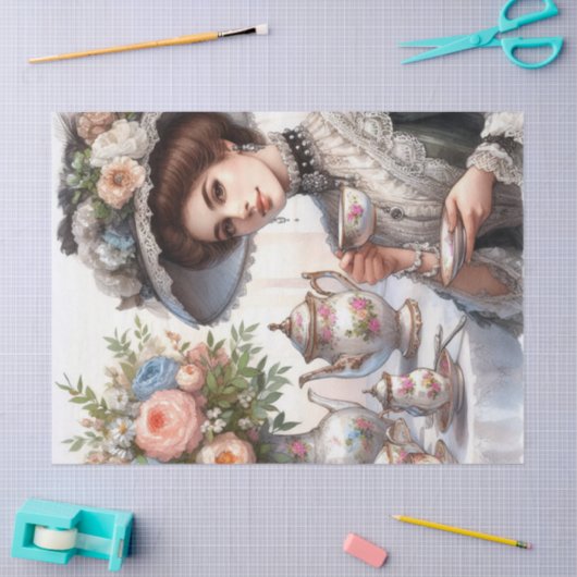 Victoriaanse dame met bloemenhoed theepartij  tissuepapier (Craft)