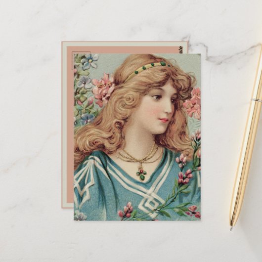 Victoriaanse dame met roze en blauwe bloemen in ha briefkaart (Voorkant / Achterkant in situ)