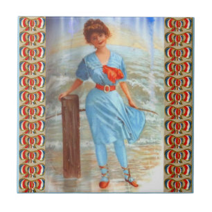 Victoriaanse dame op het strand uit de jaren 1890 tegeltje