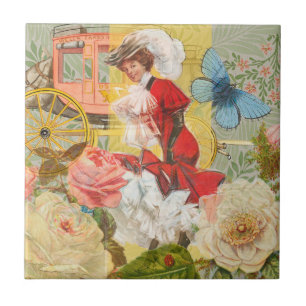 Victoriaanse dame vrouw elegante rijke rode illust tegeltje