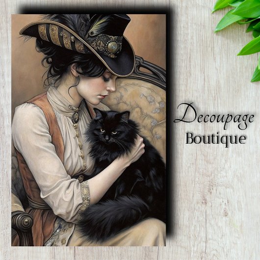 Victoriaanse Dame Zwarte Kat Decoupage Tissuepapier