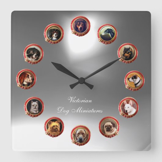 VICTORIAANSE EMAILLE MINIATUUR HONDEN PORTRETTEN W VIERKANTE KLOK (Voorkant)