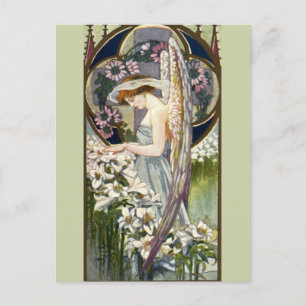 Victoriaanse engel en vintage paaslelie bloemen briefkaart