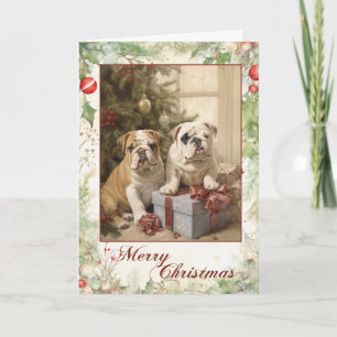 Victoriaanse Engelse Bulldog Puppy Kerstmis Feestdagen Kaart