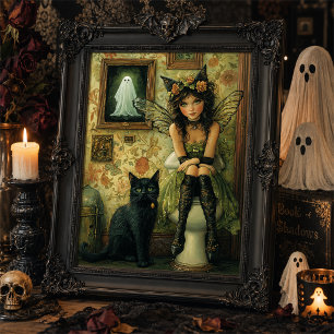 Victoriaanse fee en zwarte kat Halloween wanddecor Poster