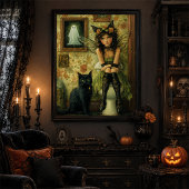 Victoriaanse fee en zwarte kat Halloween wanddecor Poster