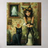 Victoriaanse fee en zwarte kat Halloween wanddecor Poster (Voorkant)