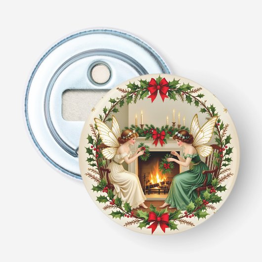 Victoriaanse Feeën Kerst Spirit Button Flesopener (Voorkant)