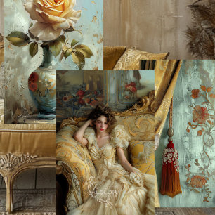 Victoriaanse Glam Rose Drape Portret Goud Teal Set Inpakpapier Vel