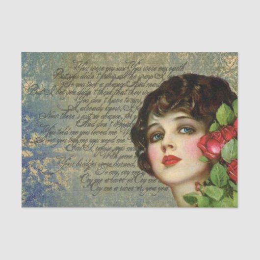 Victoriaanse glamourgirl met rode rozen tissuepapi tissuepapier (Voorkant)