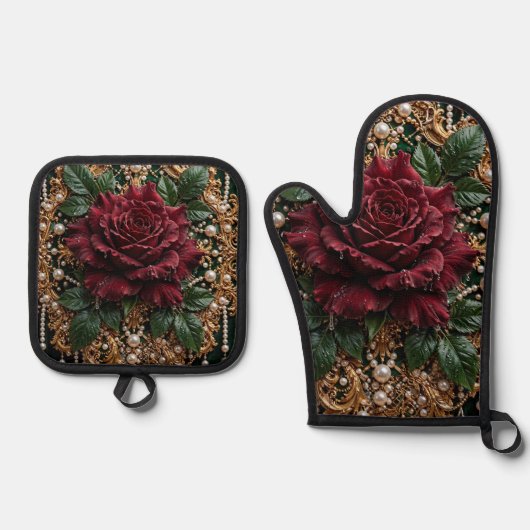 Victoriaanse gotische bloem ovenwant & pannenlap set (Voorkant)
