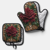 Victoriaanse gotische bloem ovenwant & pannenlap set (Voorkant / Achterkant)