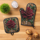 Victoriaanse gotische bloem ovenwant & pannenlap set (Top down)