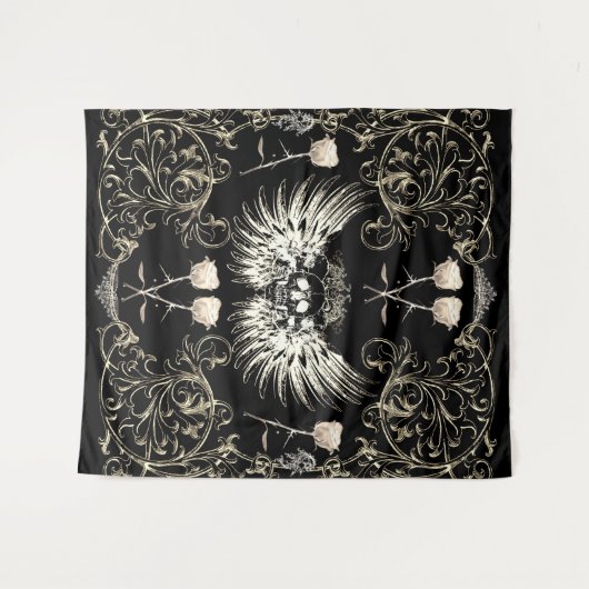 Victoriaanse gotische romantische schedel vleugels wandkleed (Voorkant (horizontaal))