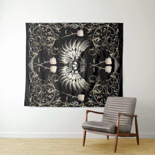 Victoriaanse gotische romantische schedel vleugels wandkleed (In Situ (horizontaal))