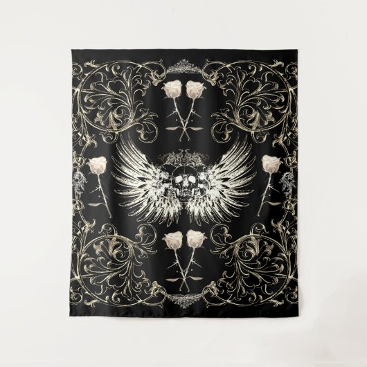 Victoriaanse gotische romantische schedel vleugels wandkleed (Voorkant)