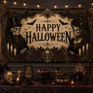 Victoriaanse gotische skelet zwarte roos Halloween Spandoek