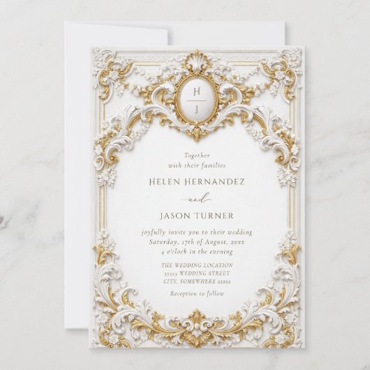 Victoriaanse gouden en witte barokke lijst bruilof kaart (Voorkant)