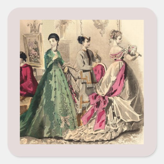 Victoriaanse jurk met roze strik vierkante sticker (Voorkant)