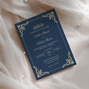 Victoriaanse Kantlijst Goud Navyblauw Moslim Bruil Kaart