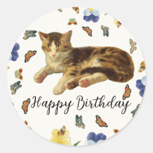 Victoriaanse Kat Nap Bloem Vlinder Gelukkig Verjaa Ronde Sticker