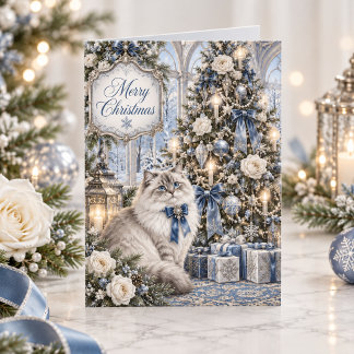 Victoriaanse kat vintage blauwe bloem Kerstmis Feestdagen Kaart