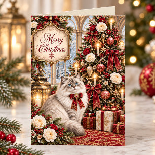 Victoriaanse kat vintage rode bloem Kerstmis Feestdagen Kaart