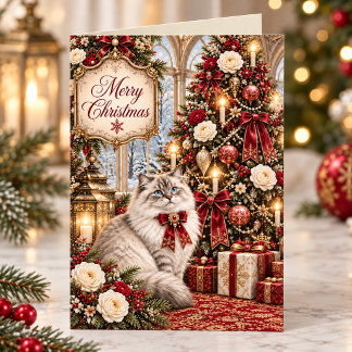 Victoriaanse kat vintage rode bloem Kerstmis Feestdagen Kaart