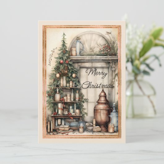 Victoriaanse Kerstboom met Huiselijke Inrichting Feestdagenkaart (Staand voorkant)