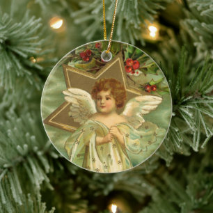Victoriaanse Kerstengel met Vintage Gouden Ster Keramisch Ornament