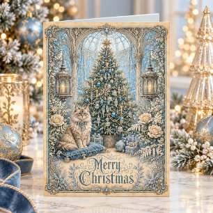 Victoriaanse Kerstkat Vintage Blauwe Bloemen Feestdagen Kaart