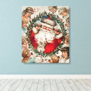 Victoriaanse Kerstman aan de telefoon met kinderen Canvas Afdruk